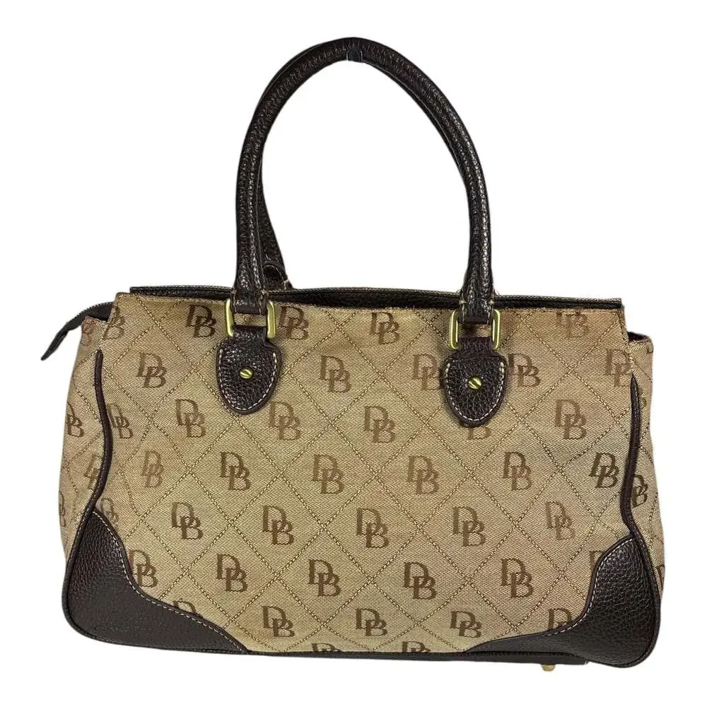 DOONEY & BOURKE Brown Tan Logo Jacquard and Leather Satchel Purse Handbag